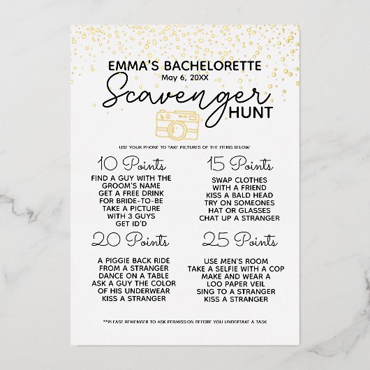 Bachelorette Party Scavenger Hunt Spel Fun Bridal Folie Uitnodiging (Voorkant)