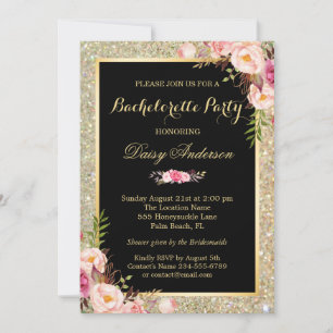 Bachelorette Party Shiny Gold Sparkles Floral Kaart