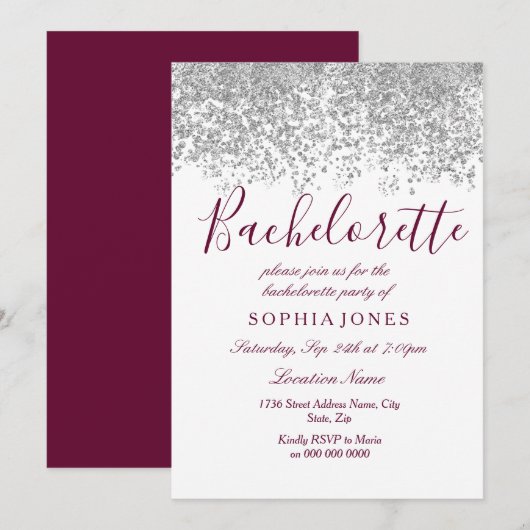 Bachelorette Party Silver Glitter Burgundy Kaart (Voorkant / Achterkant)