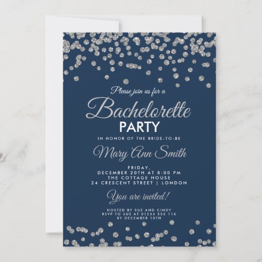 Bachelorette Party Silver Glitter Confetti Navy Kaart (Voorkant)