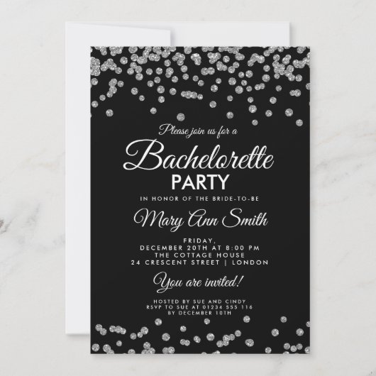 Bachelorette Party Silver Glitter Confetti Zwart Kaart (Voorkant)