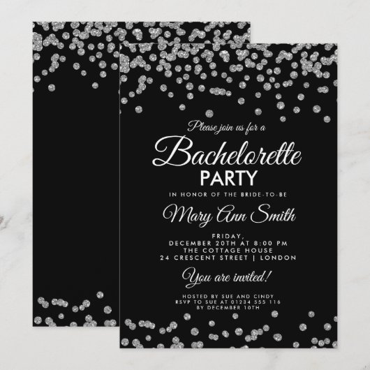 Bachelorette Party Silver Glitter Confetti Zwart Kaart (Voorkant / Achterkant)