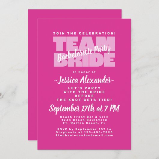 Bachelorette Party Team Bruid Roze Trendy Stijlvol Kaart (Voorkant / Achterkant)