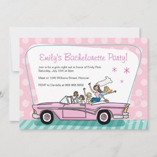 Bachelorette Party-uitnodigingen met roze Cadillac Kaart (Voorkant)