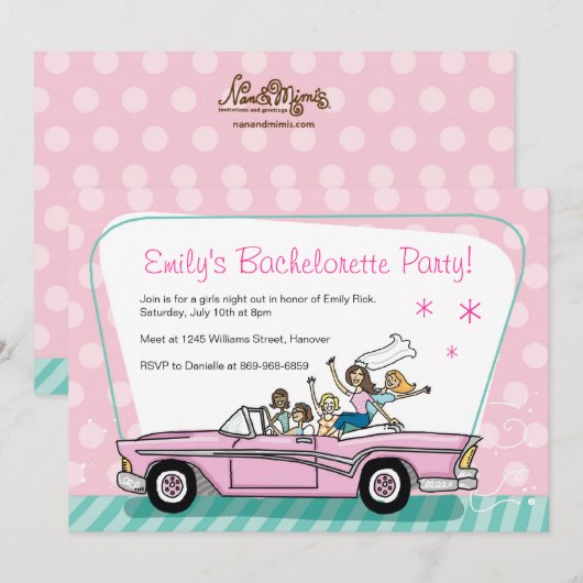 Bachelorette Party-uitnodigingen met roze Cadillac Kaart (Voorkant / Achterkant)