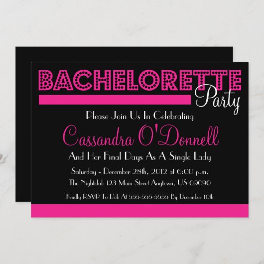 Bachelorette Party-uitnodigingen (roze in lichten) Kaart (Voorkant / Achterkant)