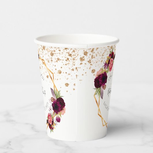 Bachelorette party white burgundy floral glitter papieren bekers (Rechts)
