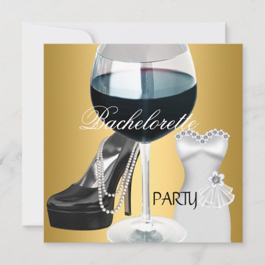 Bachelorette Party Wijn Goud Zwart Wit Jurk Kaart (Voorkant)