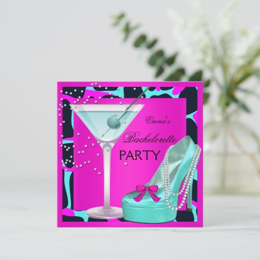 Bachelorette Party Wild Hot Pink Blauwgroen Aqua Kaart (Staand voorkant)