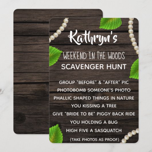 Bachelorette Party Woodsy Scavenger Hunt Kaart (Voorkant / Achterkant)