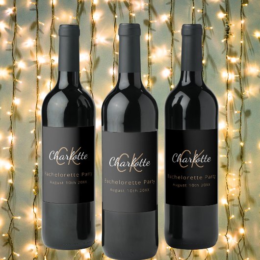 Bachelorette Party zwart goud monogram Wijn Etiket