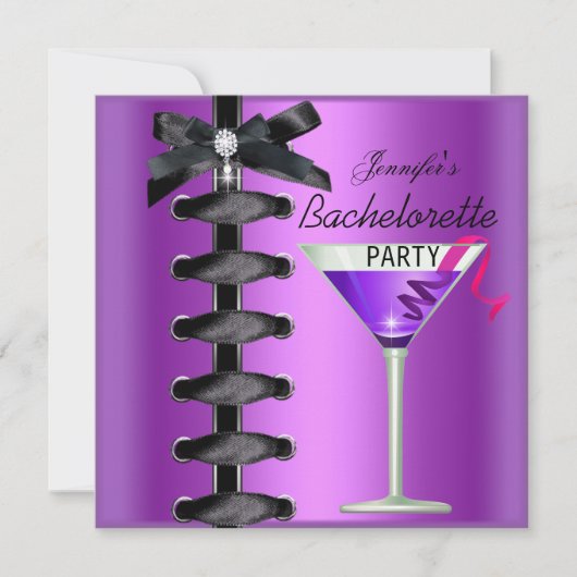 Bachelorette Party Zwart Paarse Cocktail Stropdas Kaart (Voorkant)