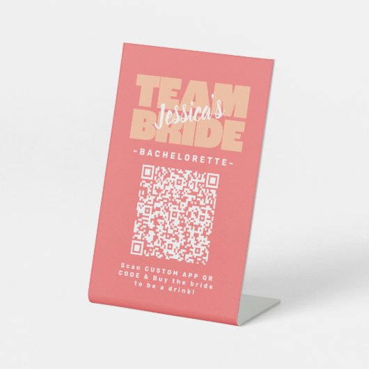 Bachelorette QR Code Koop Drink Team Bruid Peach Reclamebord Met Voetstuk (Voorkant)