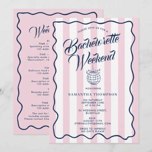 Bachelorette Reisplan Bach Weekend Disco Feest Kaart (Voorkant / Achterkant)