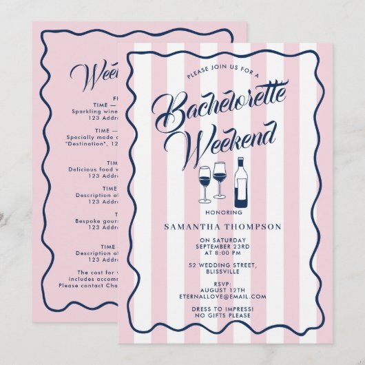 Bachelorette Reisplan Bach Weekend Wijn Roze Kaart (Voorkant / Achterkant)