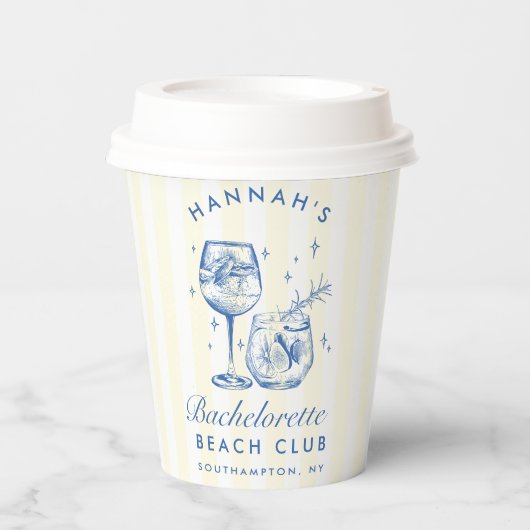 Bachelorette Retro Cocktail Blauw & Gele Strepen Papieren Bekers (Voorkant)
