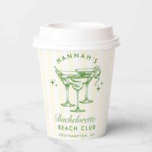 Bachelorette Retro Cocktail Groen & Gele Strepen Papieren Bekers (Achterkant)