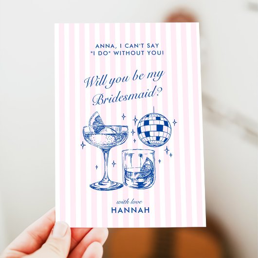 Bachelorette Retro Disco Cocktail blauw & roze Kaart