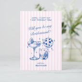 Bachelorette Retro Disco Cocktail blauw & roze Kaart (Staand voorkant)