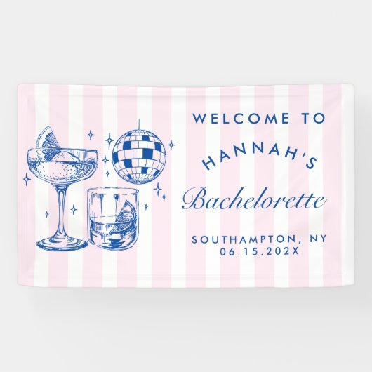 Bachelorette Retro Disco Cocktail blauw & roze Spandoek (Horizontaal)