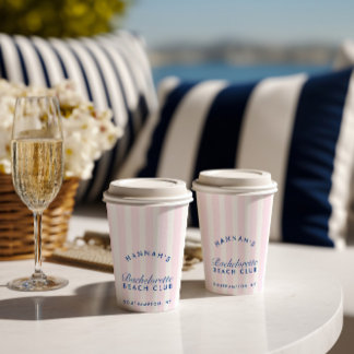 Bachelorette Retro Navy & Roze Strepen Papieren Bekers
