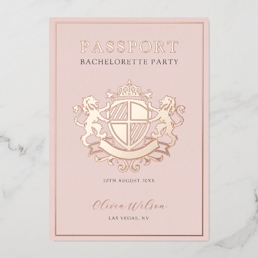 Bachelorette: roze en Roos Gold Passport Folie Uitnodiging (Voorkant)