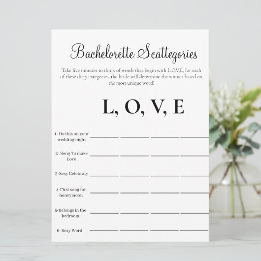 Bachelorette Scattegories vrijgezellenfeest spel Kaart (Staand voorkant)