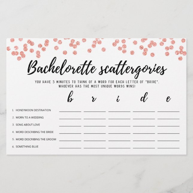 Bachelorette Scattergories bewerkbare Bruiloft spe (Voorkant)