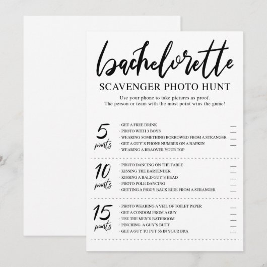 Bachelorette Scavenger foto jacht Game kaart (Voorkant / Achterkant)