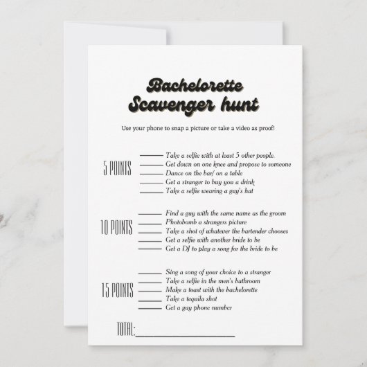 Bachelorette scavenger hunt spel, leuk bachelorfee kaart (Voorkant)
