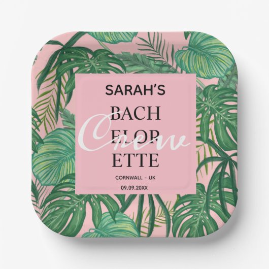 Bachelorette tropisch roze exotische palm papieren bordje (Voorkant)