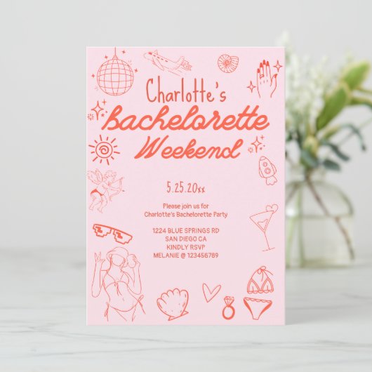 Bachelorette uitnodiging Doodle Beach Party (Staand voorkant)