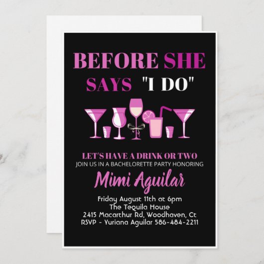 Bachelorette voor ze zegt dat ik een uitnodiging d (Voorkant / Achterkant)