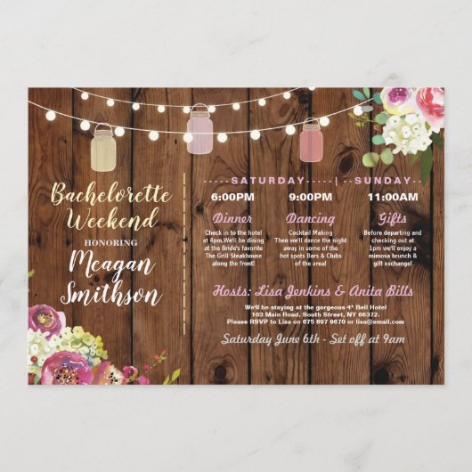 Bachelorette Vrijgezellenfeest Itinerary Jars Wood Programmakaart (Voorkant)