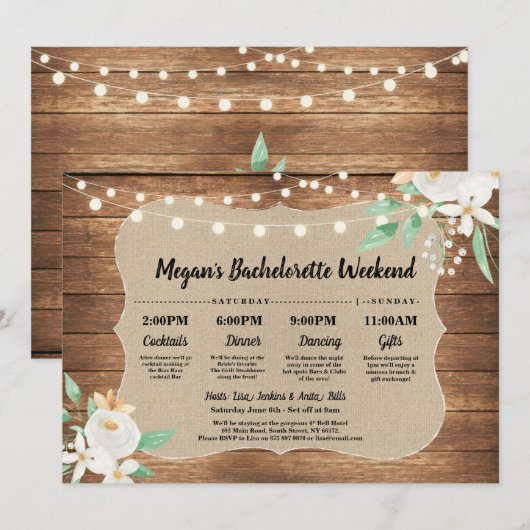 Bachelorette Vrijgezellenfeest Itinerary Wood Whit Programmakaart (Voorkant / Achterkant)