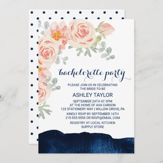 Bachelorette Waterverf Floral Peach & Navy Kaart (Voorkant / Achterkant)
