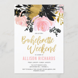 Bachelorette weekend blush roze zwarte goudbloem kaart