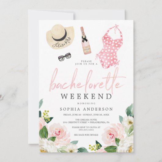 Bachelorette Weekend Itinerary Airy Blush Floral Kaart (Voorkant)