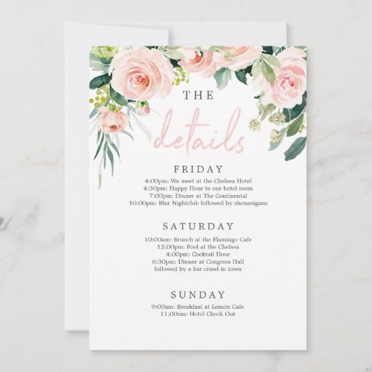 Bachelorette Weekend Itinerary Airy Blush Floral Kaart (Achterkant)