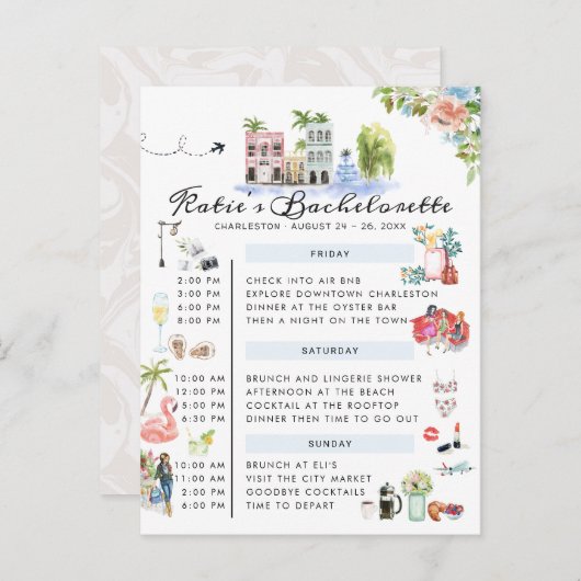 Bachelorette Weekend Itinerary | Charleston, SC Uitnodiging Briefkaart (Voorkant / Achterkant)