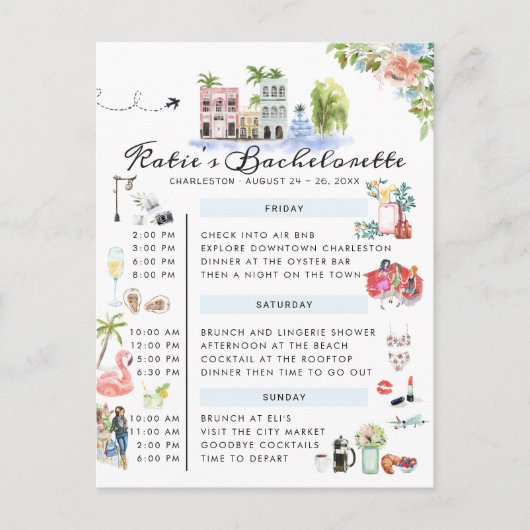 Bachelorette Weekend Itinerary | Charleston, SC Uitnodiging Briefkaart (Voorkant)
