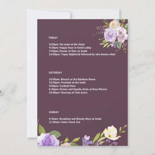 Bachelorette Weekend Itinerary Elegant Floral Kaart (Achterkant)