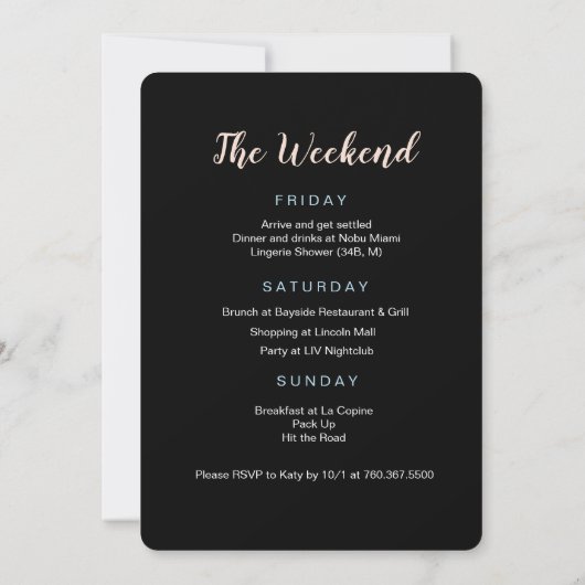 Bachelorette Weekend Itinerary Invitation Kaart (Achterkant)