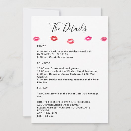 Bachelorette Weekend Itinerary Kiss lipstick Kaart (Achterkant)