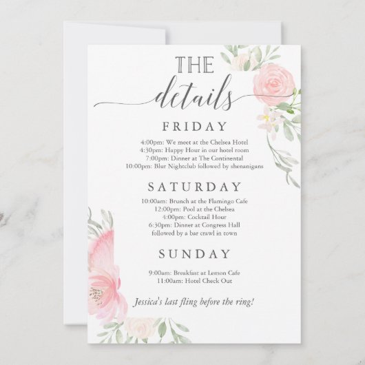 Bachelorette Weekend Itinerary Pastel Blush Kaart (Achterkant)