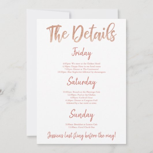 Bachelorette Weekend Itinerary Roos Gold Kaart (Achterkant)