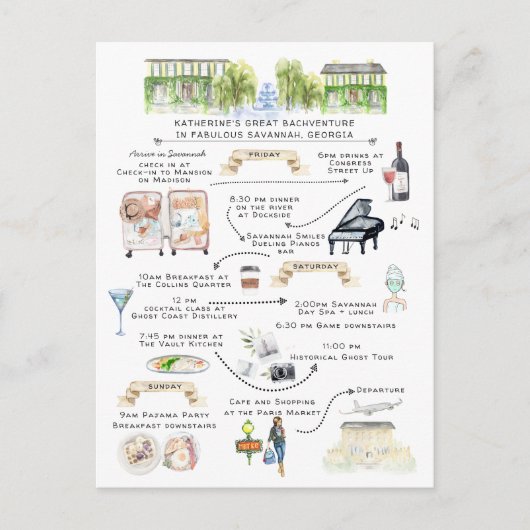 Bachelorette Weekend Itinerary | Savannah, Georgië Uitnodiging Briefkaart (Voorkant)