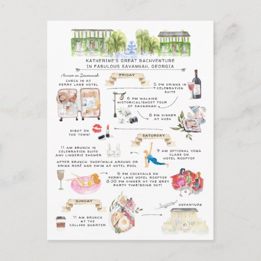 Bachelorette Weekend Itinerary | Savannah, Georgië Uitnodiging Briefkaart (Voorkant)