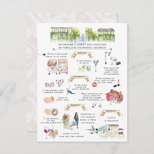 Bachelorette Weekend Itinerary | Savannah, Georgië Uitnodiging Briefkaart (Voorkant / Achterkant)
