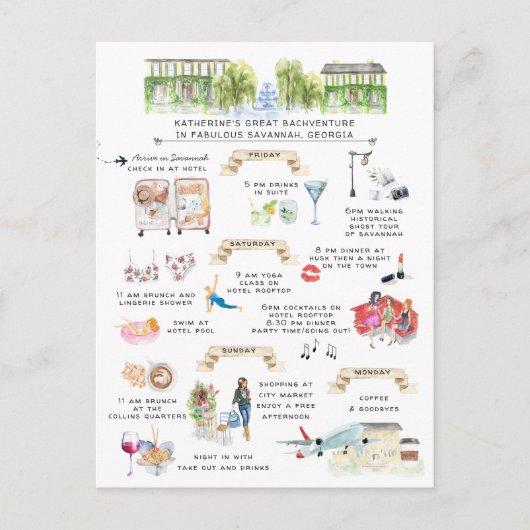 Bachelorette Weekend Itinerary | Savannah, Georgië Uitnodiging Briefkaart (Voorkant)